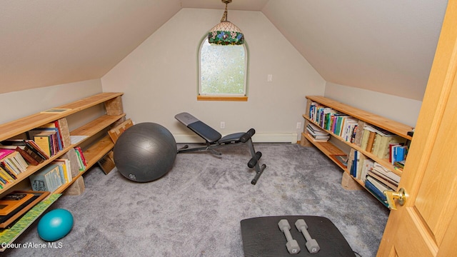 6616 Comanche St, Bonners Ferry, ID 83805 - workout room featuring baseboards, carpet floors, and vaulted ceiling