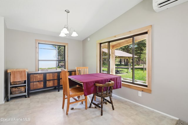 dining space with light floors, vaulted ceiling, baseboards, and a notable chandelier
