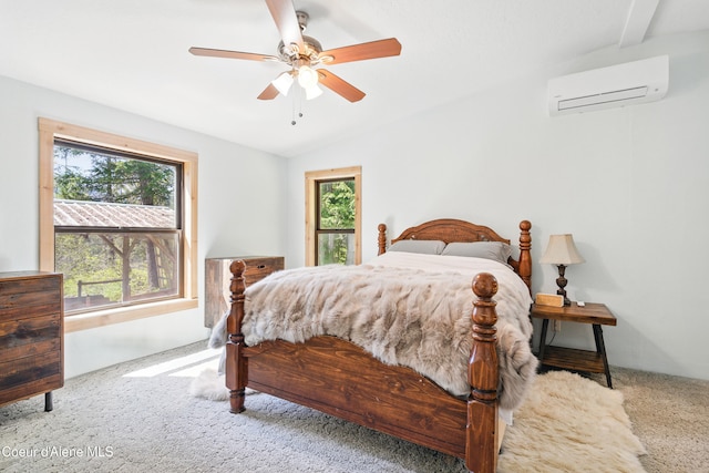 carpeted bedroom with lofted ceiling, an AC wall unit, a ceiling fan, and multiple windows