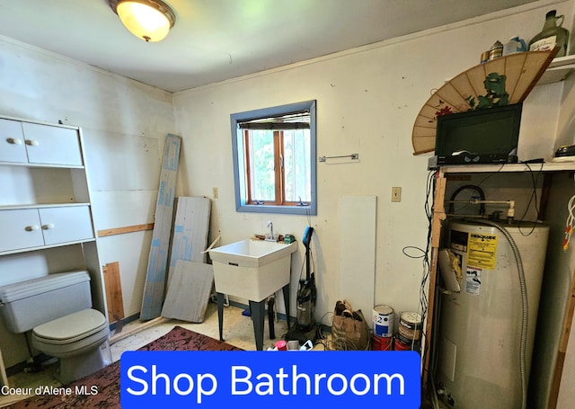 interior space with a sink, water heater, and toilet