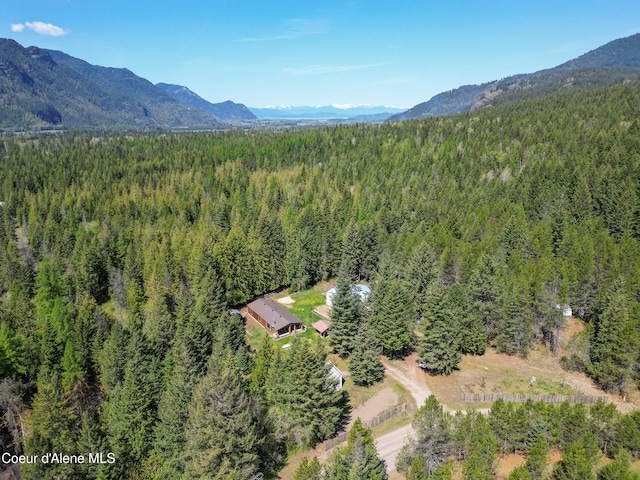bird's eye view featuring a mountain view and a view of trees