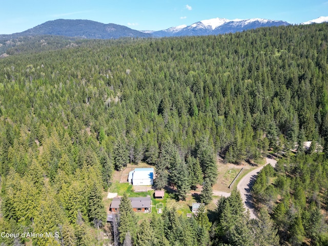 birds eye view of property with a mountain view and a view of trees