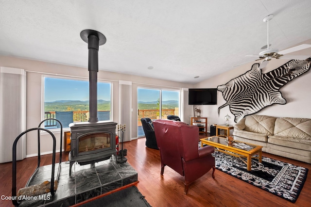 living room with a wood stove, ceiling fan, and wood finished floors