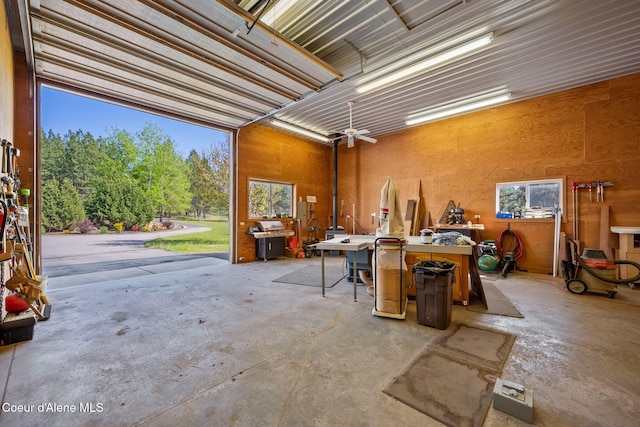 garage with a workshop area