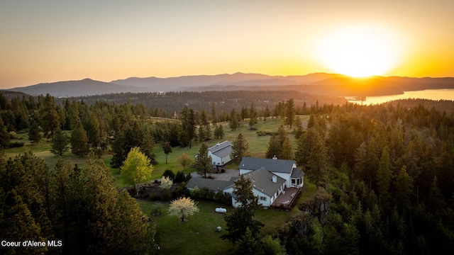 view from above of property featuring a forest and a mountain backdrop