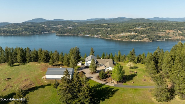 view of subject property with a water and mountain view and a forest