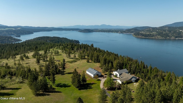 aerial view of a water and mountain view and a heavily wooded area