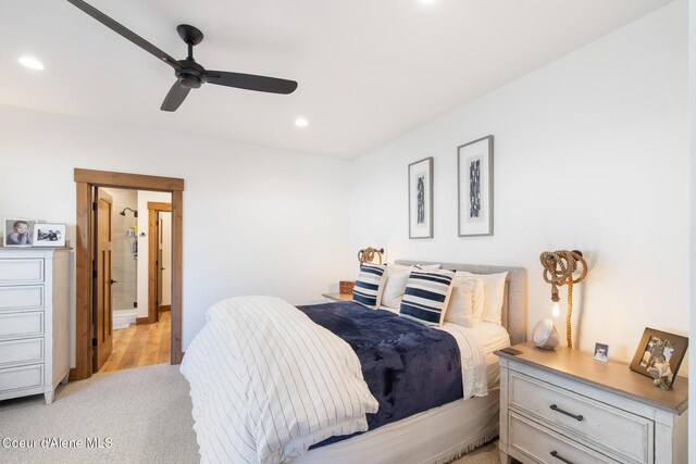 bedroom featuring recessed lighting, ceiling fan, and light carpet