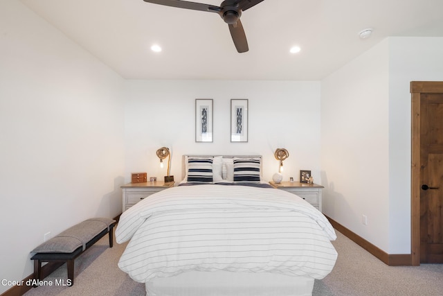 bedroom with carpet, baseboards, recessed lighting, and ceiling fan