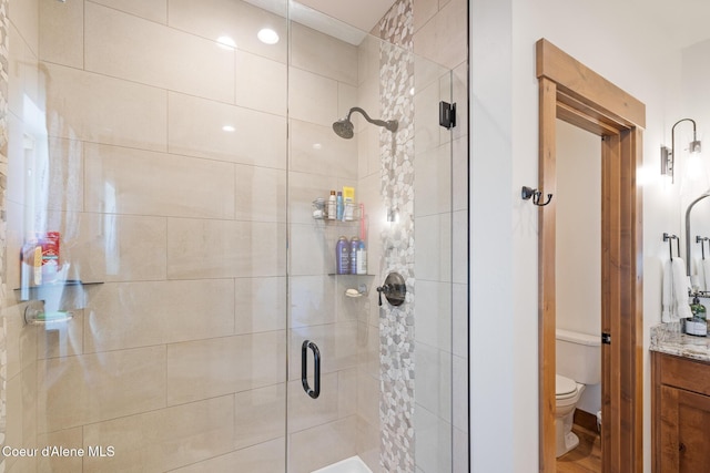 bathroom featuring a shower stall, toilet, and vanity