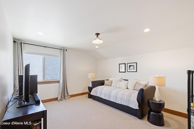 carpeted bedroom featuring baseboards, recessed lighting, and lofted ceiling