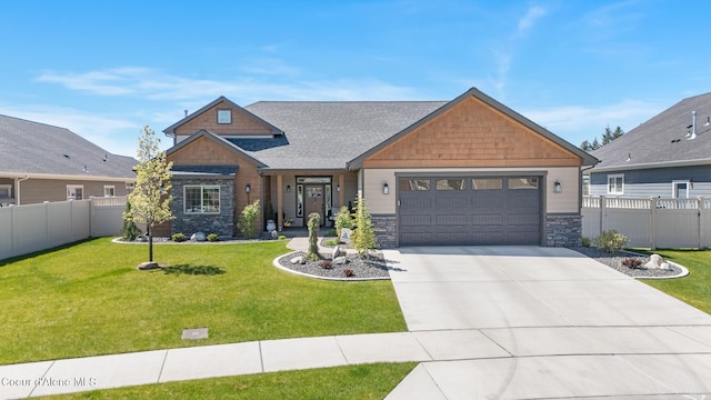 craftsman inspired home featuring stone siding, an attached garage, concrete driveway, and roof with shingles