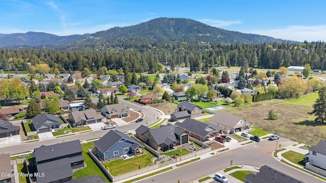 aerial view of residential area with a mountain backdrop and a forest