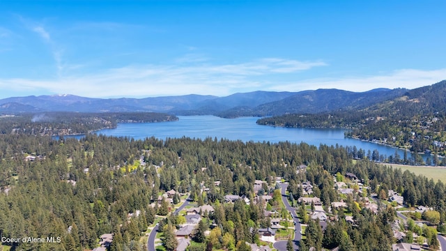 drone / aerial view of a water and mountain view and a heavily wooded area