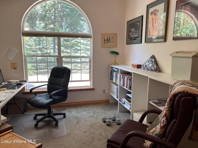 carpeted home office with baseboards