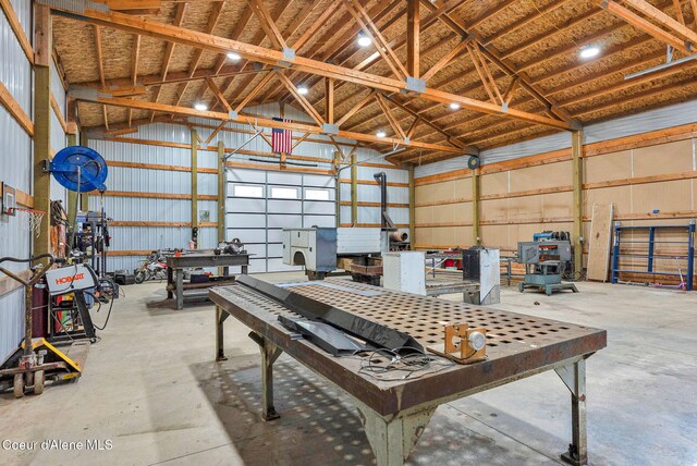 garage with a workshop area