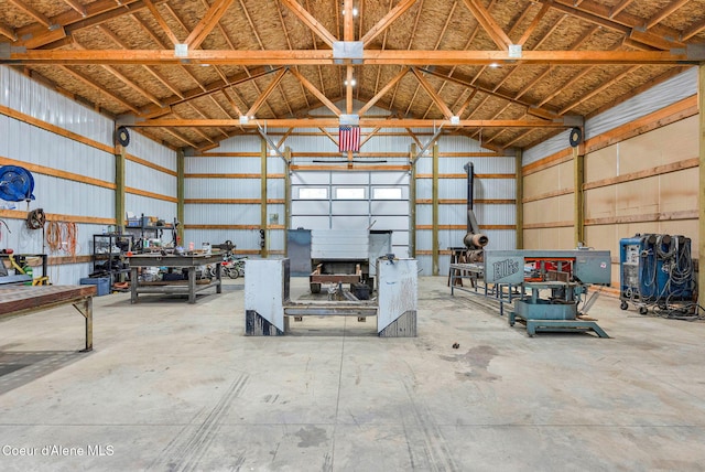 garage with a workshop area