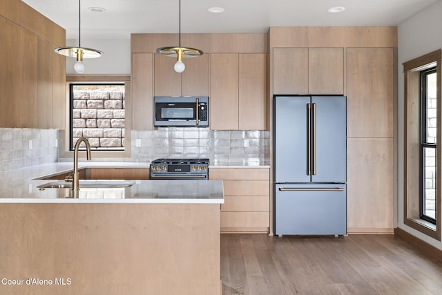 kitchen featuring wood finished floors, a sink, a wealth of natural light, light countertops, and appliances with stainless steel finishes