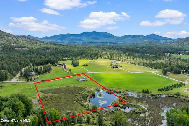 aerial overview of property's location with a forest, property boundaries highlighted, and a water and mountain view