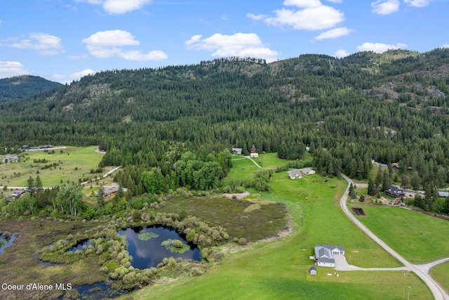 aerial overview of property's location with a heavily wooded area and a water and mountain view