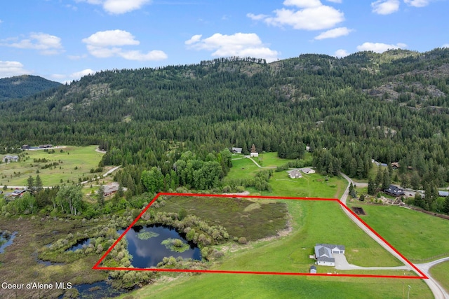 aerial view of property's location with a forest, a water and mountain view, and property parcel outlined