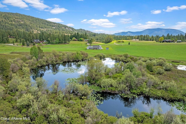 water view with a mountainous background, a heavily wooded area, and rural landscape