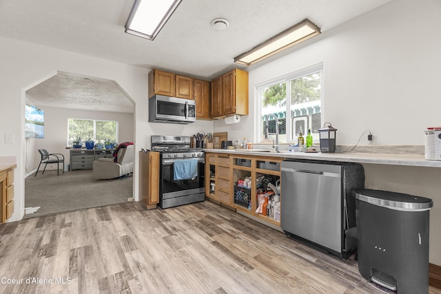 1729 N 9th St, Coeur Dalene, ID 83814 - kitchen with stainless steel appliances, a sink, light wood-style flooring, brown cabinetry, and light countertops