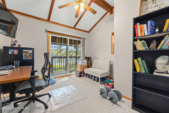 office space featuring carpet flooring, a ceiling fan, beam ceiling, baseboards, and high vaulted ceiling