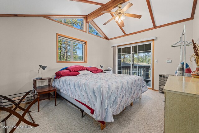 bedroom featuring access to exterior, light carpet, ceiling fan, and baseboards