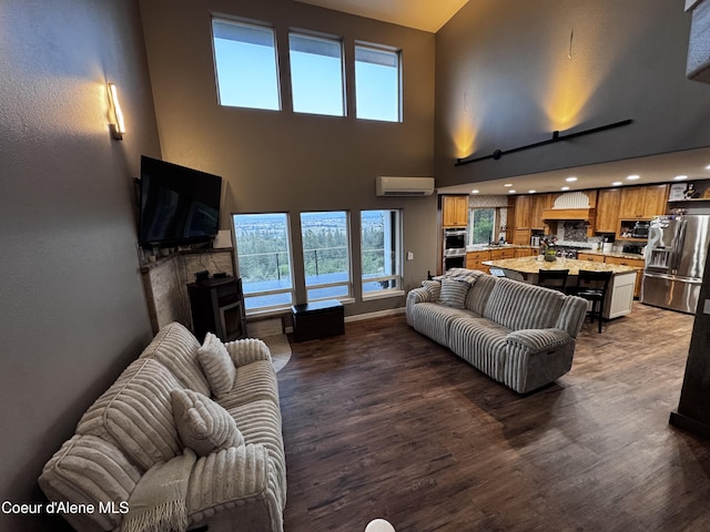 10320 N Payment Peak Rd, Hauser, ID 83854 - living area with a high ceiling, a wall mounted AC, and dark wood-type flooring
