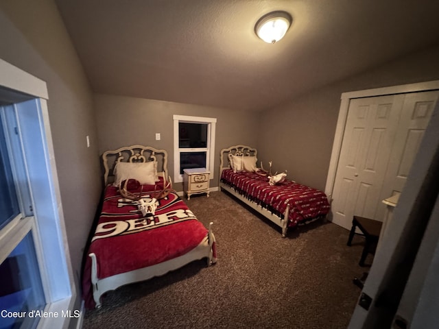 10320 N Payment Peak Rd, Hauser, ID 83854 - bedroom featuring vaulted ceiling, dark colored carpet, and a closet