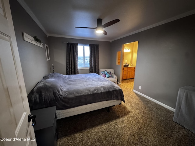 10320 N Payment Peak Rd, Hauser, ID 83854 - bedroom featuring ornamental molding, light colored carpet, baseboards, ceiling fan, and ensuite bath