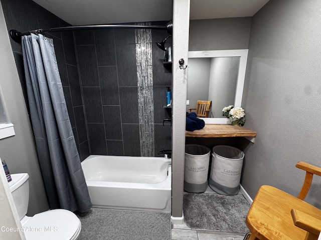 10320 N Payment Peak Rd, Hauser, ID 83854 - bathroom with toilet, shower / bathtub combination with curtain, and tile patterned floors