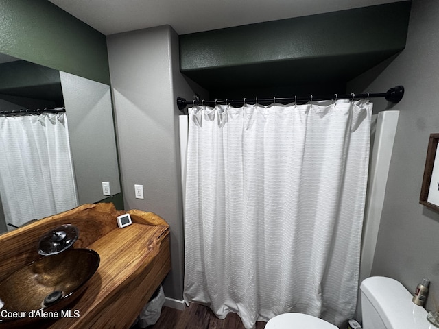 10320 N Payment Peak Rd, Hauser, ID 83854 - bathroom featuring toilet, wood finished floors, a shower with shower curtain, and vanity