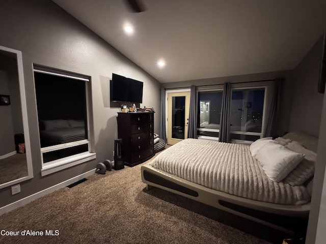 10320 N Payment Peak Rd, Hauser, ID 83854 - carpeted bedroom featuring lofted ceiling, recessed lighting, access to outside, and baseboards