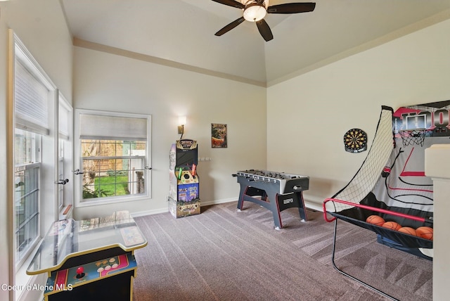 2123 Browning Way, Sandpoint, ID 83864 - game room featuring vaulted ceiling, carpet floors, a ceiling fan, and baseboards