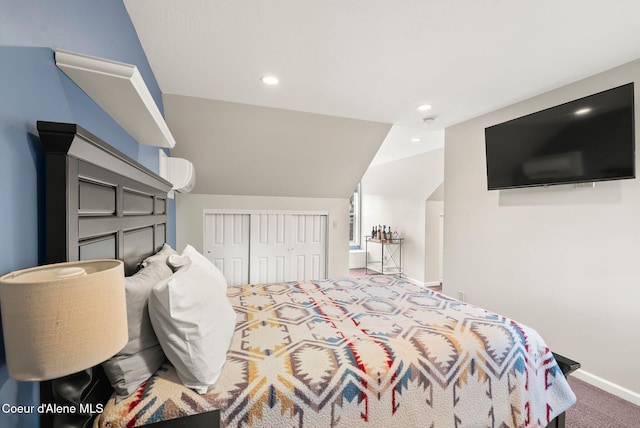 2123 Browning Way, Sandpoint, ID 83864 - carpeted bedroom with vaulted ceiling, baseboards, a closet, and recessed lighting