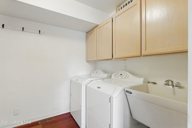 2123 Browning Way, Sandpoint, ID 83864 - laundry room featuring a sink, cabinet space, washing machine and clothes dryer, dark wood finished floors, and visible vents
