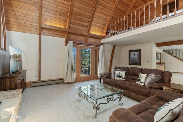 762 Reeder Bay Rd, Nordman, ID 83848 - living area with baseboard heating, wood ceiling, high vaulted ceiling, beamed ceiling, and carpet