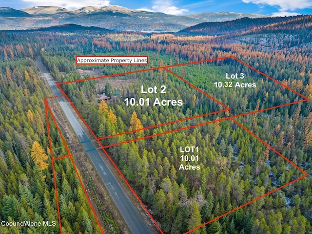762 Reeder Bay Rd, Nordman, ID 83848 - aerial view of property and surrounding area with a heavily wooded area, a mountain backdrop, and property parcel outlined