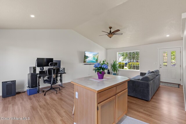 4905 W Lemonwood Ln, Post Falls, ID 83854 - home office featuring light wood finished floors, ceiling fan, vaulted ceiling, and recessed lighting
