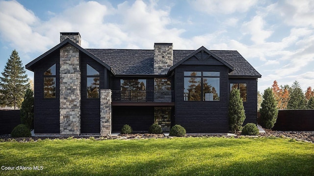 215 White Cloud Dr, Sandpoint, ID 83864 - view of front facade featuring a balcony, a front lawn, a chimney, and stone siding