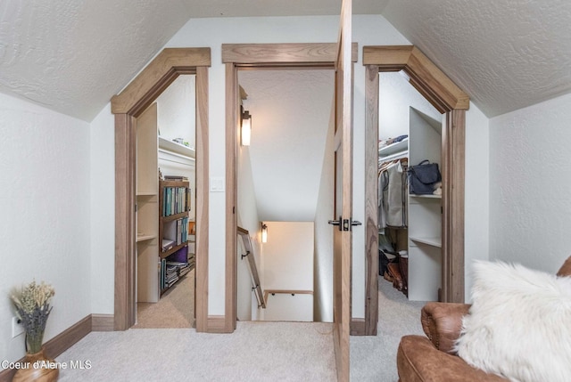 215 White Cloud Dr, Sandpoint, ID 83864 - additional living space with a textured ceiling, light carpet, vaulted ceiling, and baseboards