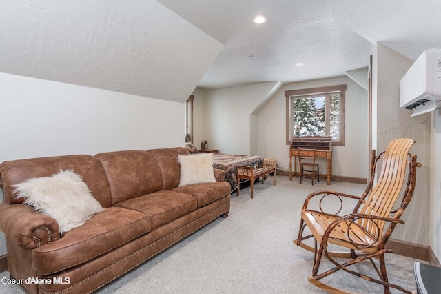 215 White Cloud Dr, Sandpoint, ID 83864 - living room featuring a textured ceiling, light carpet, baseboards, a wall mounted air conditioner, and lofted ceiling