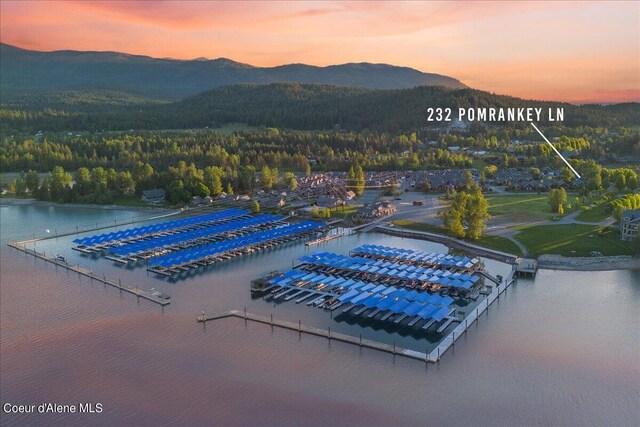 232 Pomrankey Ln, Dover, ID 83825 - aerial view at dusk of a water and mountain view, view of marina, and a view of trees