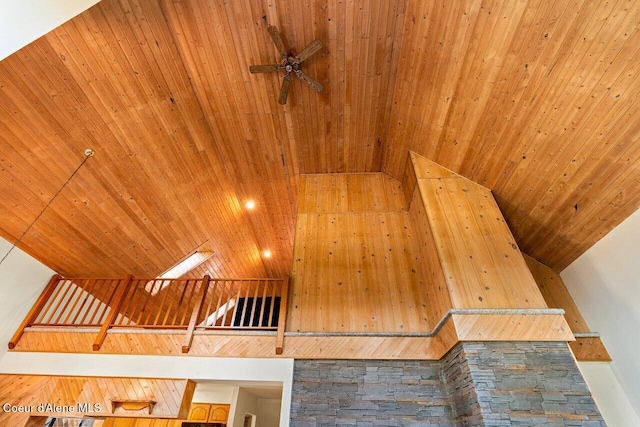 detailed view of wood ceiling and a ceiling fan