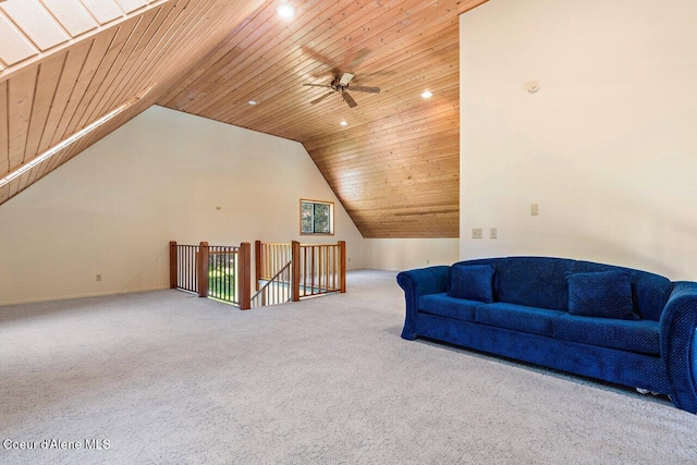 living room with wooden ceiling, vaulted ceiling, carpet flooring, ceiling fan, and recessed lighting
