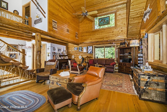 847 Willford Rd, Cocolalla, ID 83813 - living room featuring high vaulted ceiling, ceiling fan, hardwood / wood-style floors, stairs, and wooden ceiling