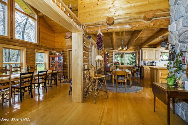 847 Willford Rd, Cocolalla, ID 83813 - dining room featuring wood ceiling, a chandelier, beam ceiling, log walls, and light wood-style floors