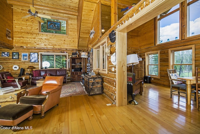 847 Willford Rd, Cocolalla, ID 83813 - living area with high vaulted ceiling, rustic walls, hardwood / wood-style flooring, and wooden ceiling